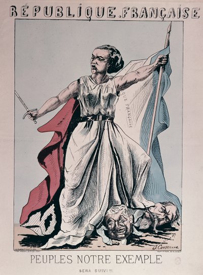 Personificación de la República Francesa como Louise Michel pisoteando las cabezas de Louis Adolphe Thiers y Napoleón III de J. Corseaux